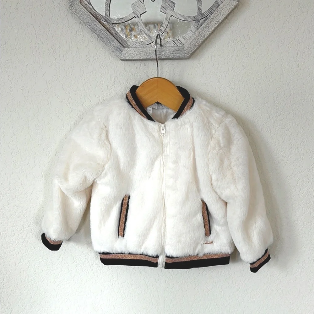 Tahari • White Plush Faux Fur Soft Cozy Puffer Jacket with Gold + Black Trim
